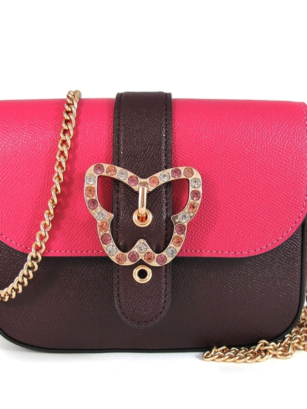 Coach Pink and Brown Leather Mini Crossbody Bag with Rhinestone Buckle